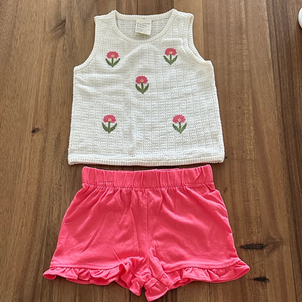 White Knit Tank with Pink Floral Design and Pink Ruffle Shorts